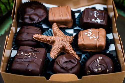 Chocolate candies in a box.