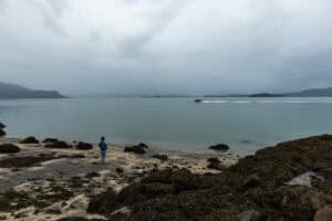 A person stands on the shores of a coast, while a boat speeds by.
